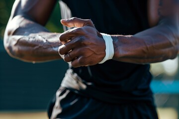 athlete wrapping wrist, preparing to play