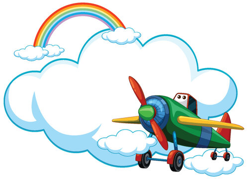 Cartoon airplane flying near a vibrant rainbow.