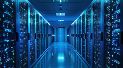 Fototapeta premium Shot of Corridor in Working Data Center Full of Rack Servers and Supercomputers with High Internet Visualisation Projection.