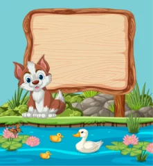 Photo sur Plexiglas Enfants Cartoon puppy with ducks near a blank signboard.