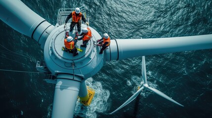 A team is constructing a wind turbine in the ocean, blending water, wind, and adventure to generate sustainable energy. AIG41 - obrazy, fototapety, plakaty