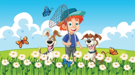 Foto op Aluminium Happy boy playing with two dogs among flowers. © GraphicsRF