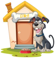 Keuken foto achterwand Cheerful dog sitting by its kennel with a bone. © GraphicsRF