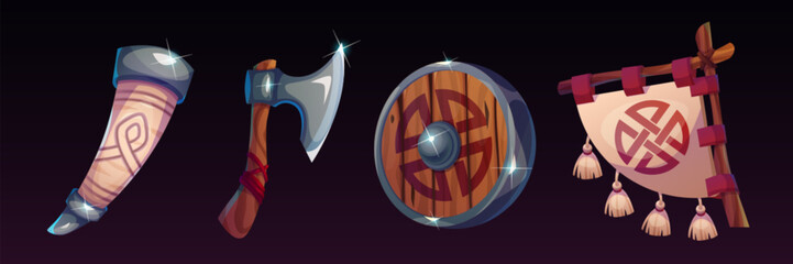 Viking magic game ui icons set. Cartoon vector illustration set of medieval warrior weapon and equipment - wooden round shield, helmet with horns and axe, triangle flag with symbol and beer horn.