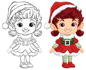 Colorful and line art elf girl illustrations.