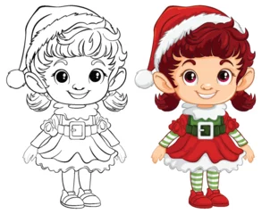 Deurstickers Colorful and line art elf girl illustrations. © GraphicsRF