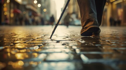  Close up cropped photo of legs of senior man with walking stick walking down street of city on rainy day. People with Disabilities, Health concepts. - obrazy, fototapety, plakaty