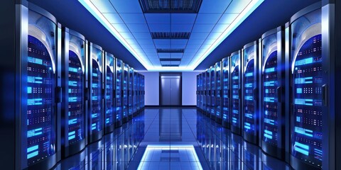 Shot of Corridor in Working Data Center Full of Rack Servers and Supercomputers with High Internet Visualisation Projection.