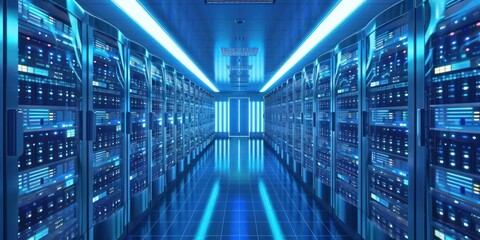 Shot of Corridor in Working Data Center Full of Rack Servers and Supercomputers with High Internet Visualisation Projection.