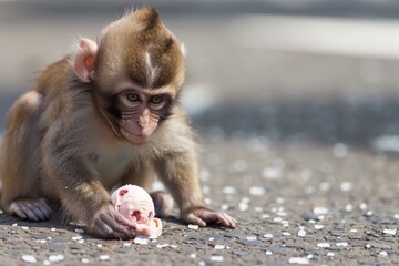 baby monkey with melting ice cream on a hot pavement