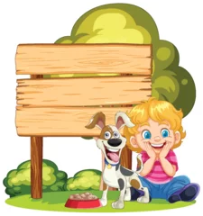 Keuken foto achterwand Cartoon of a joyful kid and dog near a sign. © GraphicsRF