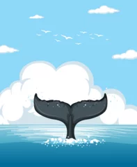 Schilderijen op glas Whale tail splashing in blue ocean water © GraphicsRF