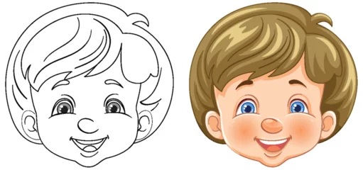 Gordijnen Vector illustration of a happy child's face, colored and outlined. © GraphicsRF