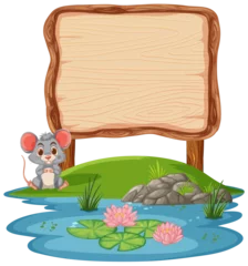 Gordijnen Cute mouse beside a blank wooden signboard. © GraphicsRF