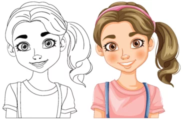 Foto op Plexiglas Vector transformation of a girl from line art to color © GraphicsRF