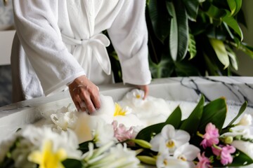 person in a bathrobe setting a bath with foam and flowers - obrazy, fototapety, plakaty