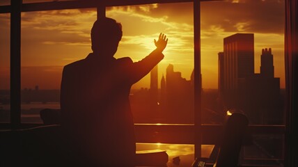 Silhouetted businessman at sunset in the office