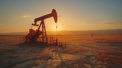 A solitary pump jack tirelessly extracts crude oil from a vast, sun-drenched oil field - obrazy, fototapety, plakaty
