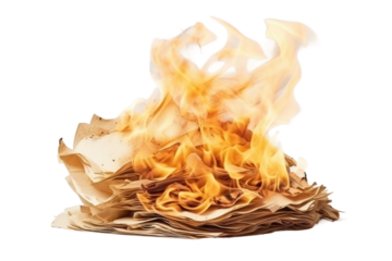 Inferno of Knowledge: A Flaming Mountain of Paper. On a Clear PNG or White Background.