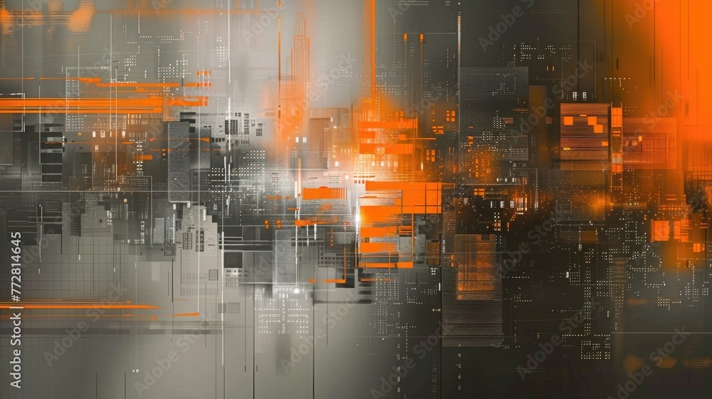 Poster gray-orange abstract background or screensaver on pc in the style of cyber technologies of the futur