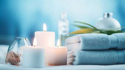 Spa towels and candles on table, flame, aromatherapy, relaxation, candlelight - obrazy, fototapety, plakaty