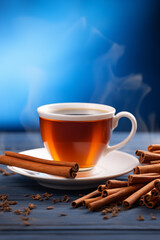 Cup of tea and cinnamon sticks on wooden table, drink, coffee