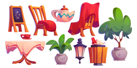Restaurant outside furniture and elements. Cartoon exterior cafeteria terrace objects. Street or park cafe table and chairs with plaid, chalkboard and plants in pot, lantern and teapot, trash can. - obrazy, fototapety, plakaty