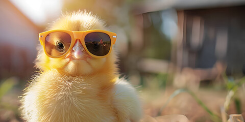 cool baby chick wearing sunglasses outside at the farm. generative ai 