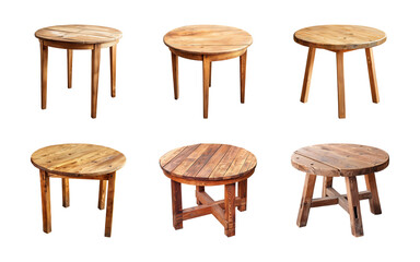 Collection of wooden round table isolated on a transparent background, PNG