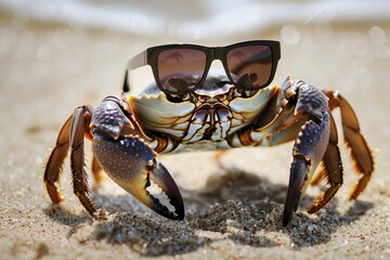 crab on sand with stylish sunglasses over claws - obrazy, fototapety, plakaty