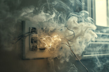 Short Circuit with Smoke on Electrical Outlet. - obrazy, fototapety, plakaty
