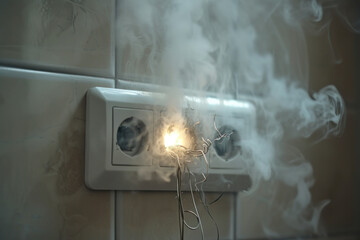 Electrical Socket Emitting Smoke and Sparks. - obrazy, fototapety, plakaty