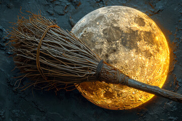 Fantasy Broomstick Against Lunar Surface.