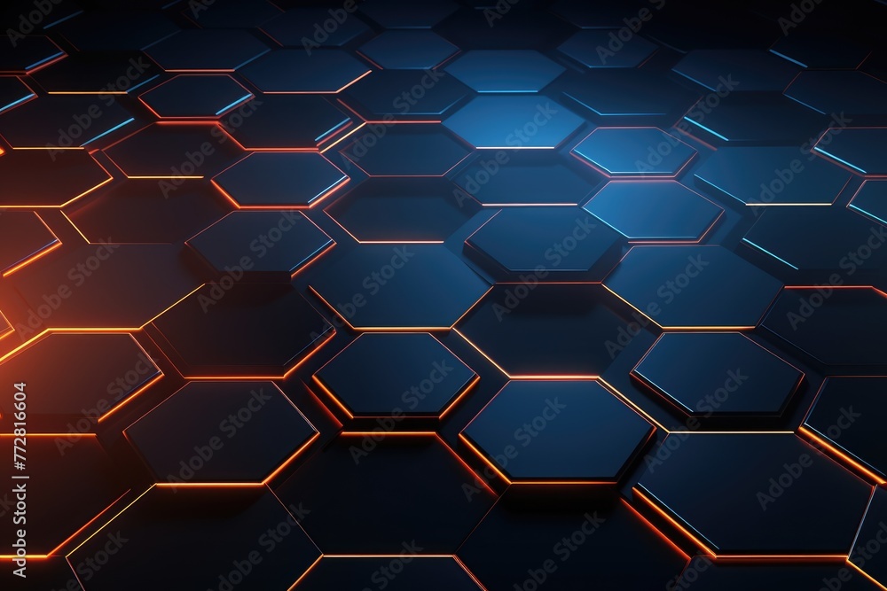 Poster neon hexagons background, 3d rendering abstract hexagonal geometric ultrawide background, ai generat