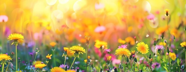 Enchanted Morning: Sun-Kissed Dandelions and Glittering Bokeh - Generative AI