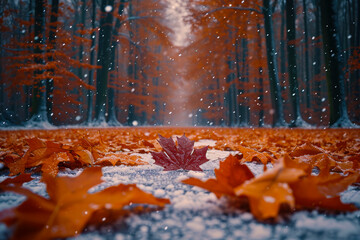 Autumn Leaves and First Snow on Forest Path.