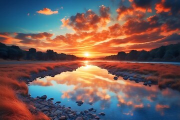 Sunset over a lake with reflection of clouds in the water.
