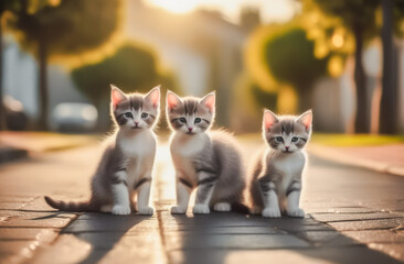 Homeless grey kittens with blue eyes are sitting on a deserted street. the concept of protection and protection of stray animals.