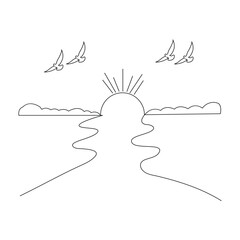 Sunset continues one line art drawing minimalist design vector and illustration