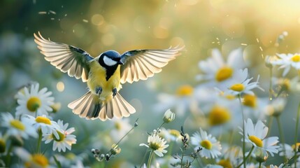 Obraz premium Graceful Flight Among Daisies: A Yellow Tit's Dance in the Summer Air Generative AI