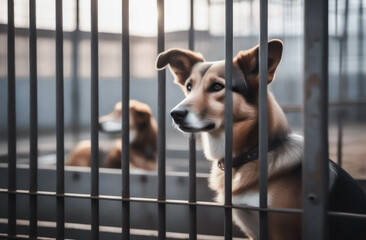 stray dogs in cages in aviaries in the kennel. the concept of protection and protection of stray animals. Sad look - obrazy, fototapety, plakaty