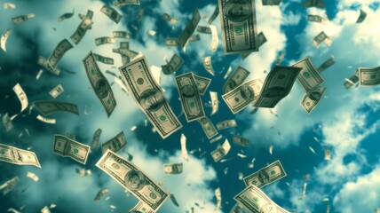 Cascade of cash flying through the air - obrazy, fototapety, plakaty
