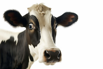 Surprised cow with goofy face mooing and looking at camera, isolated on white background. Close up portrait of funny animal.