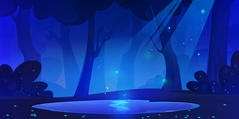 Obraz premium Dark night forest landscape with fantasy lake and firefly cartoon illustration. Magic game woods scene. Mystery park environment with green glowworm light. Blue misty wonderland at midnight panorama
