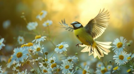 Graceful Flight Among Daisies: A Yellow Tit's Dance in the Summer Air Generative AI