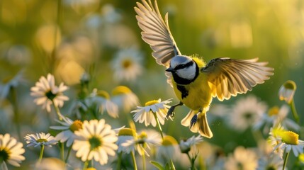Graceful Flight Among Daisies: A Yellow Tit's Dance in the Summer Air Generative AI