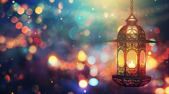 Festive Eid wishes with glowing Arabic lantern and hand-drawn writing on blurry backdrop. Artwork.
