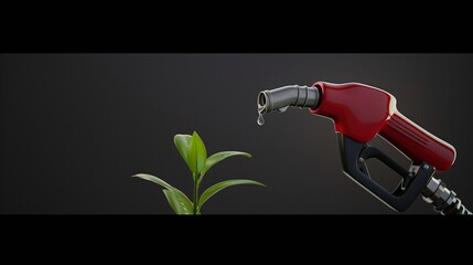 Eco-friendly gas nozzle with fuel drop and thriving green sprout, representing sustainable fuel. 3D illustration. - obrazy, fototapety, plakaty