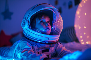 boy plays astronaut in his room. boy dressed in a homemade spacesuit made of cardboard and plastic - obrazy, fototapety, plakaty