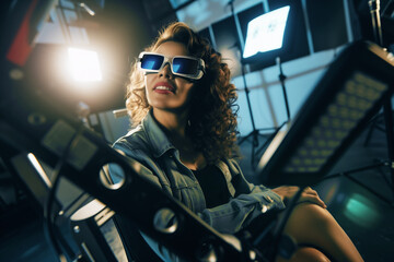 woman wearing 3d glasses, sitting in a directors chair, reviewing film footage - obrazy, fototapety, plakaty
